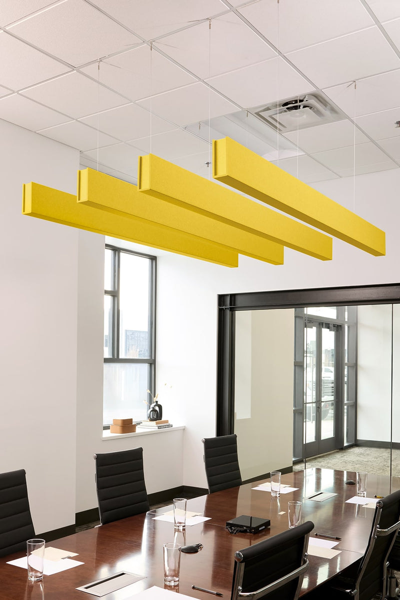 PET felt suspended acoustic beam in Citrine by Felt Right absorbs unwanted noise and looks great in any setting. Available in four or eight foot lengths. Clips into ACT grid or drills into drywall ceiling