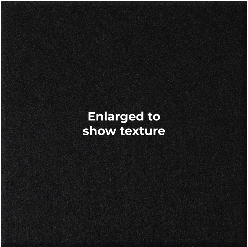 A close-up of a black textured material with the centered white text 'Enlarged to show texture'.