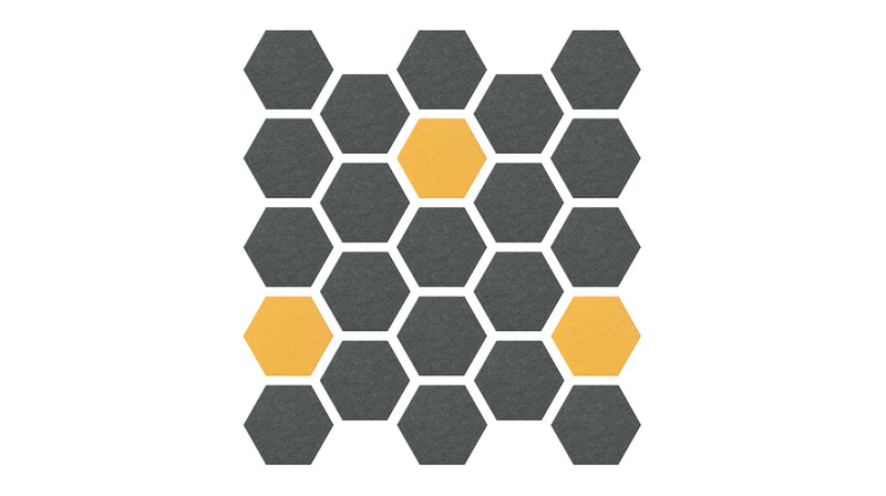 Felt Right Design hexagonal shapes in shades of dark grey and light yellow can be displayed in a hallway or entry way