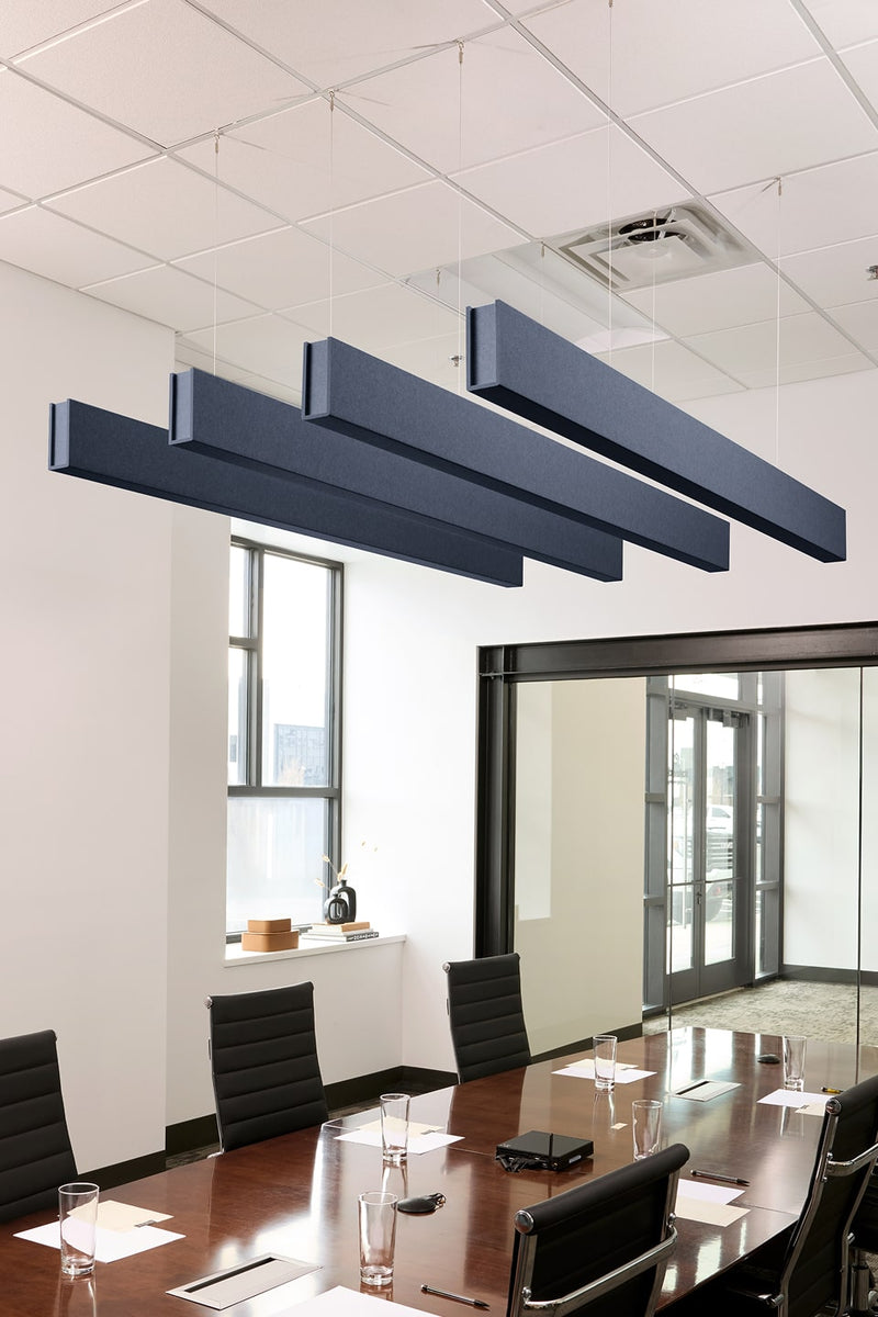PET felt suspended acoustic beam in Indigo by Felt Right absorbs unwanted noise and looks great in any setting. Available in four or eight foot lengths. Clips into ACT grid or drills into drywall ceiling.