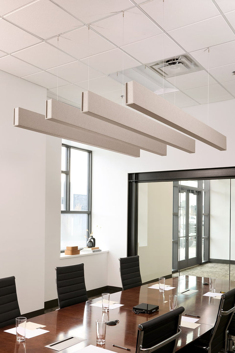PET felt suspended acoustic beam in Latte by Felt Right absorbs unwanted noise and looks great in any setting. Available in four or eight foot lengths. Clips into ACT grid or drills into drywall ceiling.