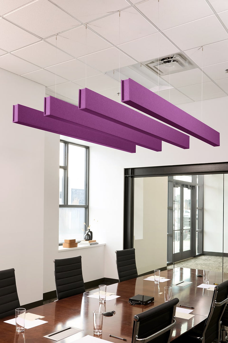 PET felt suspended acoustic beam in Lavender by Felt Right absorbs unwanted noise and looks great in any setting. Available in four or eight foot lengths. Clips into ACT grid or drills into drywall ceiling.