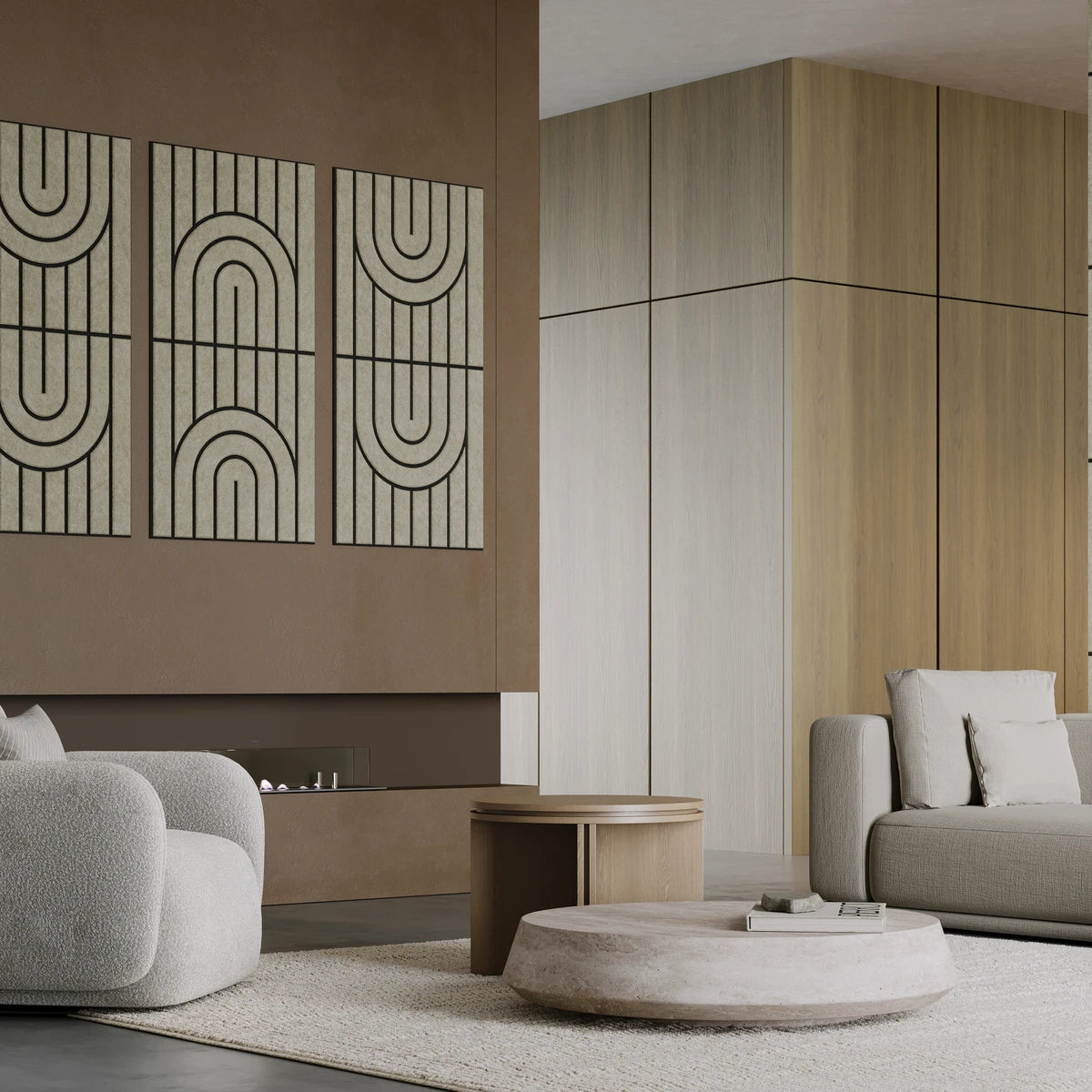 modern living room with acoustic engraved tiles above fireplace