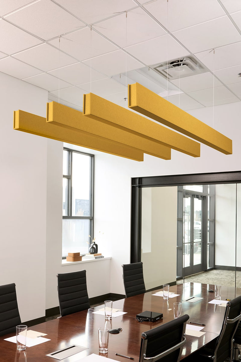 PET felt suspended acoustic beam in Mustard by Felt Right absorbs unwanted noise and looks great in any setting. Available in four or eight foot lengths. Clips into ACT grid or drills into drywall ceiling.
