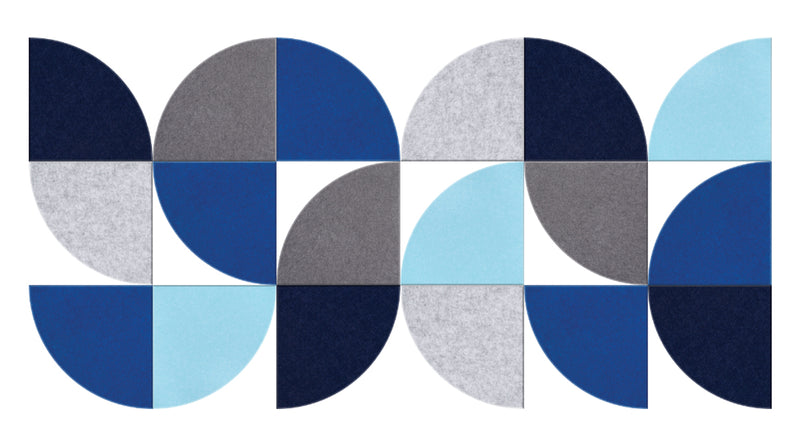 The Felt Right Wall Design. This image features a collection of abstract art pieces titled "Nectar Blues." The artwork consists of geometrically shaped panels in a variety of shades of blue and gray, arranged in a seamless pattern.