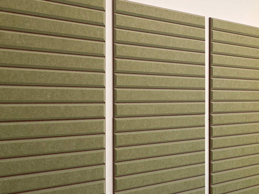 Three large parallel panels with horizontal olive and cocoa striped pattern.
