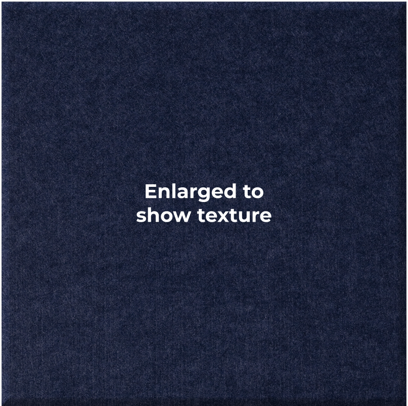 A close-up of a dark navy blue textured material with the centered white text 'Enlarged to show texture'.