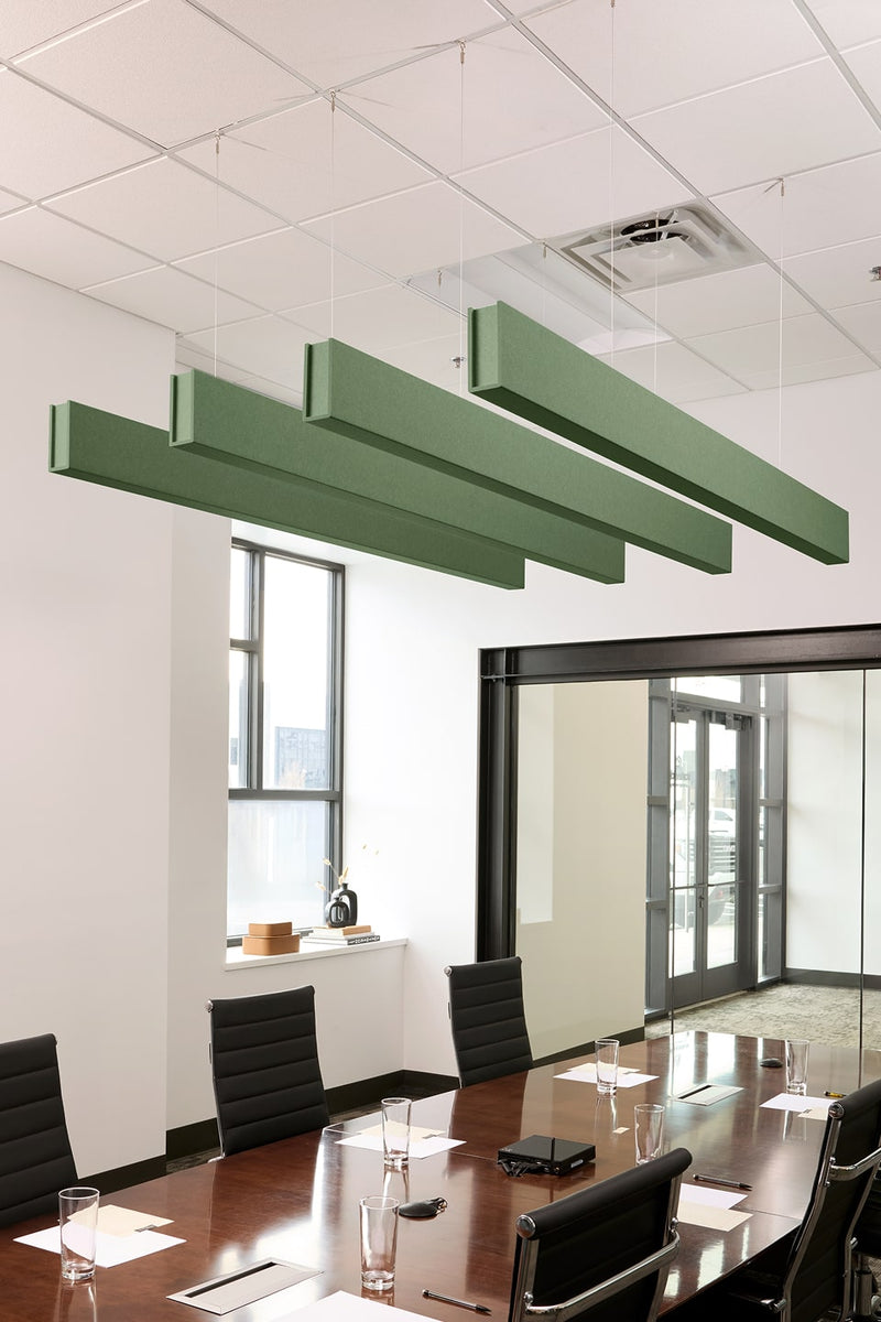 PET felt suspended acoustic beam in Palm by Felt Right absorbs unwanted noise and looks great in any setting. Available in four or eight foot lengths. Clips into ACT grid or drills into drywall ceiling.