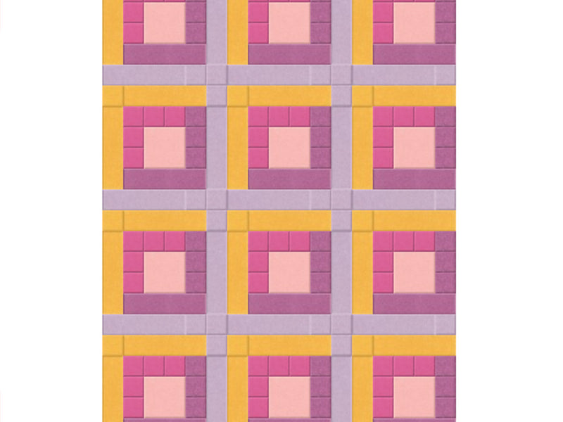 Pattern of squares in pink, yellow, and purple on a white background