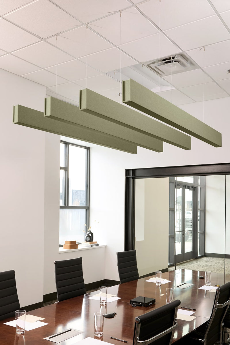 PET felt suspended acoustic beam in Sage by Felt Right absorbs unwanted noise and looks great in any setting. Available in four or eight foot lengths. Clips into ACT grid or drills into drywall ceiling.