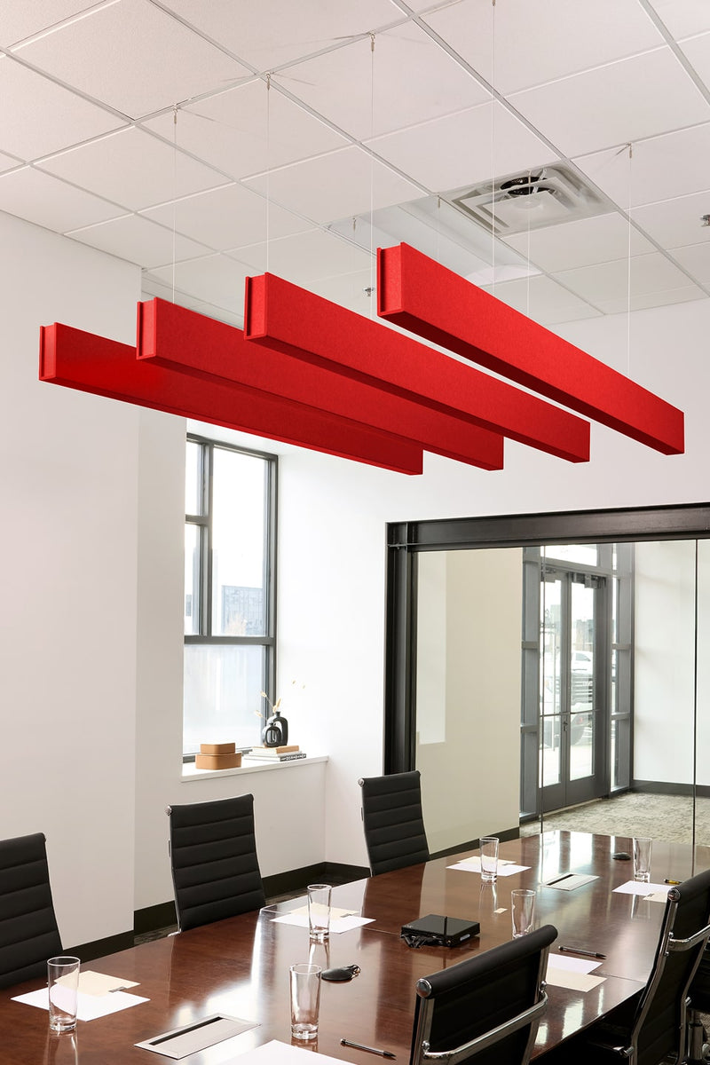 PET felt suspended acoustic beam in Scarlet by Felt Right absorbs unwanted noise and looks great in any setting. Available in four or eight foot lengths. Clips into ACT grid or drills into drywall ceiling.