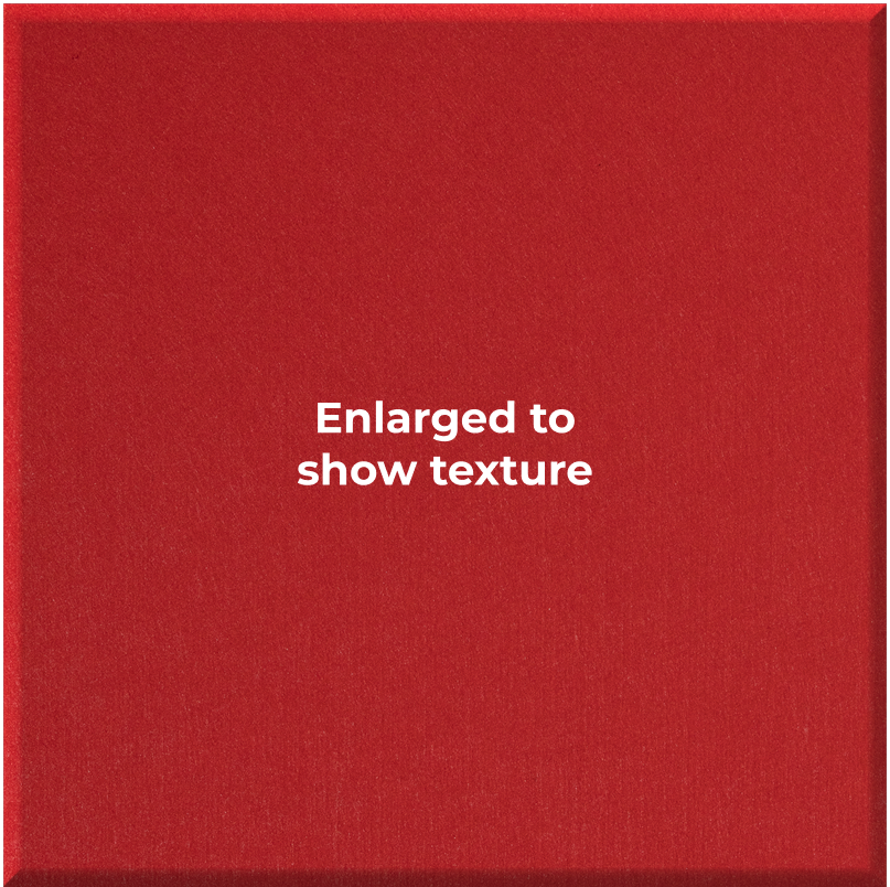 A close-up of a red textured surface with centered white text reading 'Enlarged to show texture'.