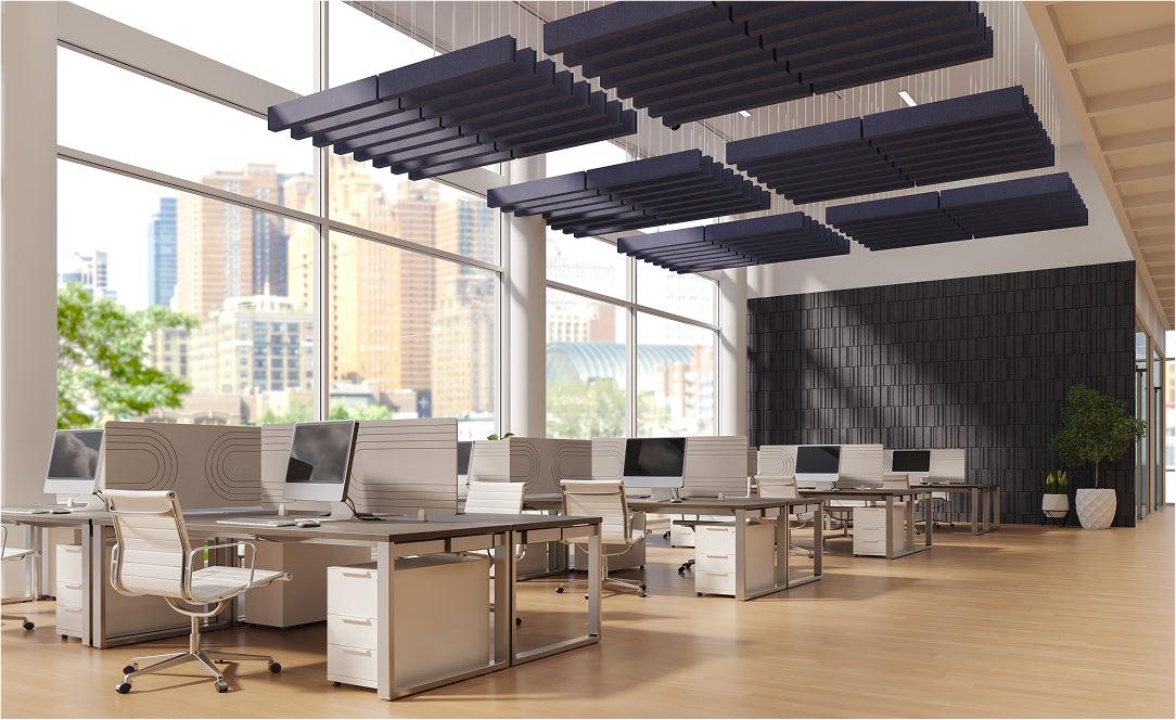 Office workstations with navy felt ceiling baffles