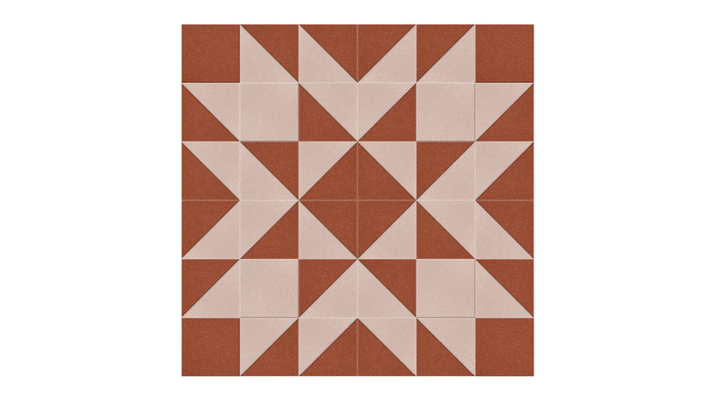 Felt Right Quilting Star quilt design wall in dark red and tan displayed in bedroom or craft room
