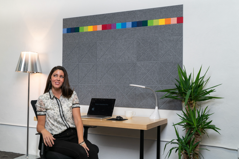 A Felt Right art design on a wall above a desk in grey and a stripe of the rainbow with a plant and a lamp in the corners.