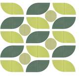 Geometric pattern with repeating leaf shapes and circles in shades of green and cream on white background.