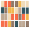 Grid of colored squares in coral, gold, teal, taupe, and cream arranged in mosaic pattern.