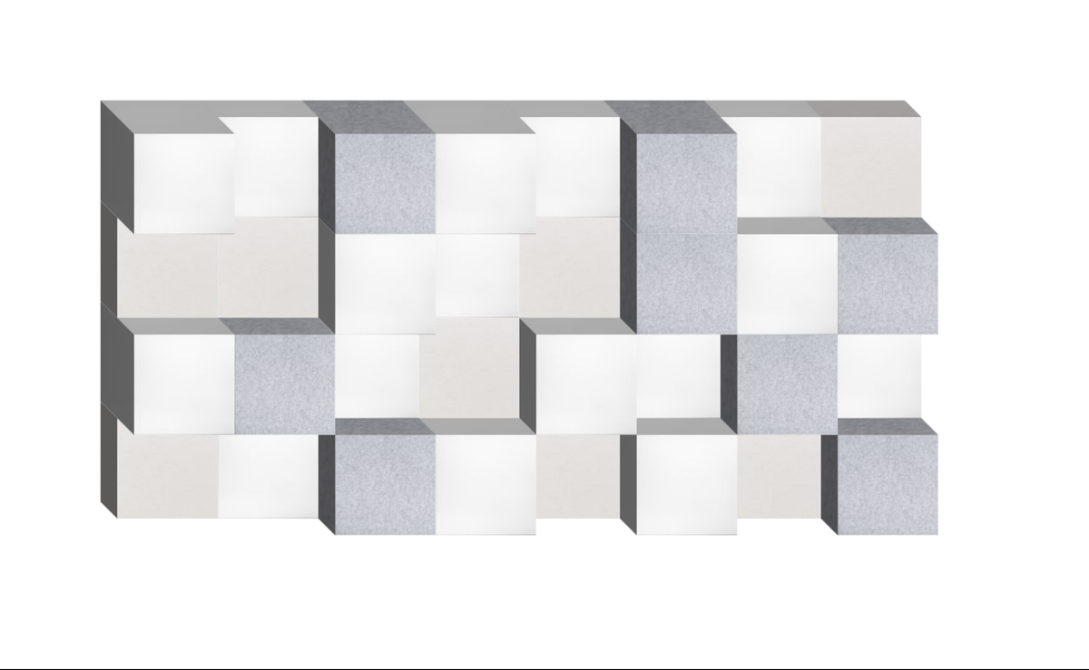 Three-dimensional modular wall design with white, gray, and beige interlocking cubic blocks.