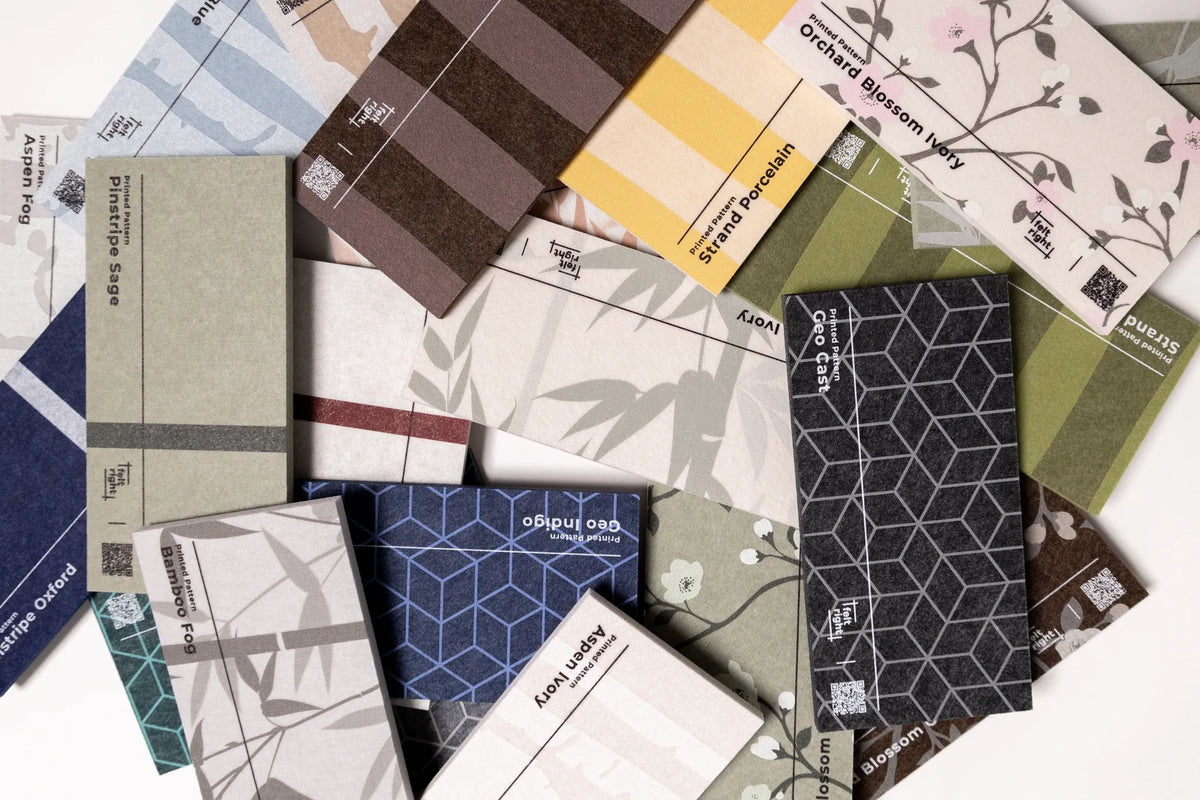 Collection of fabric swatches featuring striped, floral, and geometric patterns in various colors including blue, brown, yell