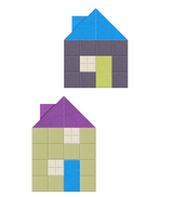 Two geometric house designs with colored roofs and grid-patterned facades in blue, purple, gray, and yellow-green tones.
