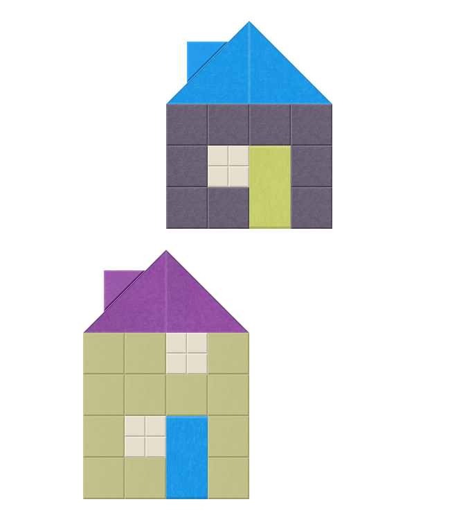 Two geometric house designs with colored roofs and grid-patterned facades in blue, purple, gray, and yellow-green tones.