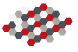 Interlocking hexagons in red, black, white, and gray arranged in a geometric honeycomb pattern.