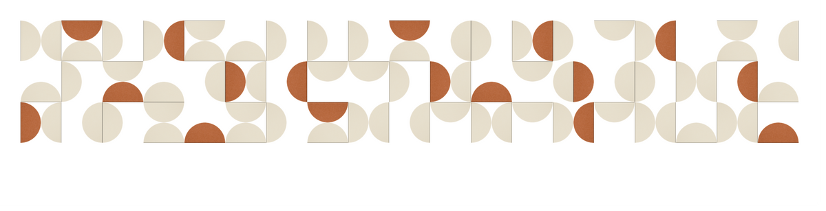 Abstract geometric pattern with interlocking circles and semicircles in terracotta and beige tones.