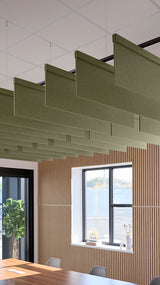 Olive green fabric acoustic baffles with black metal frames suspended from ceiling in modern office space.