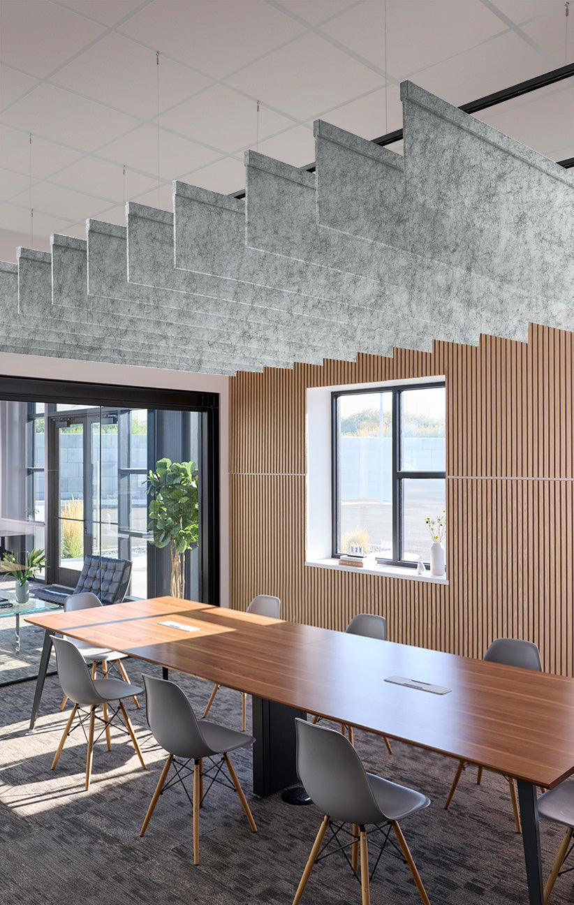 straight hanging acoustic felt blades in textured gray acoustic felt