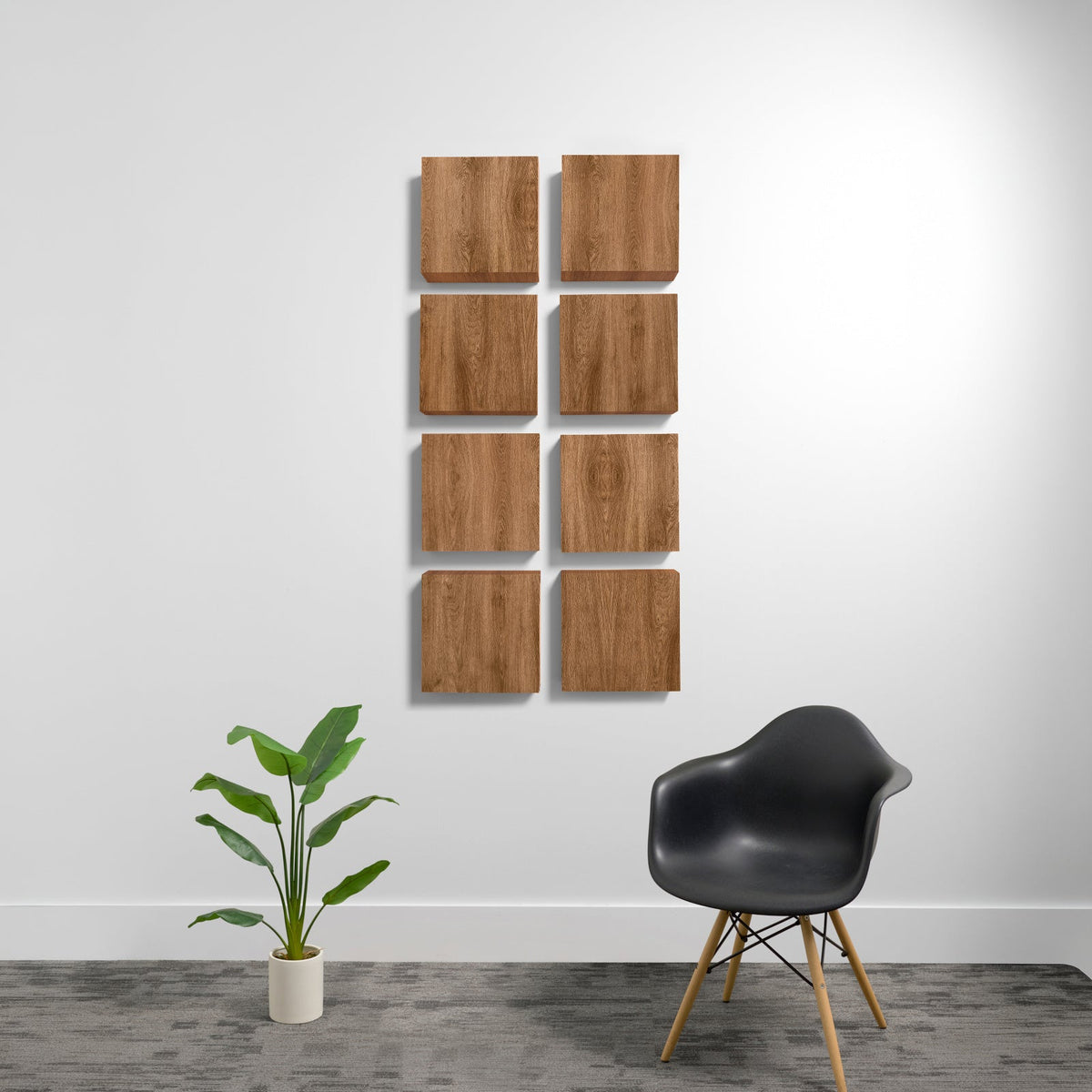 Eight wood-grain acoustic panels arranged in a 2x4 grid on a white wall.