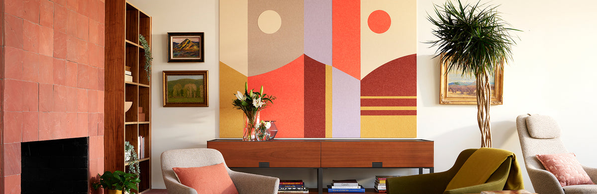 Large warm toned modern mural made from acoustic felt panels in a modern reception space