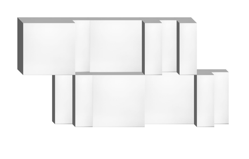 Three-dimensional arrangement of white rectangular boxes with gray shadowing on a light background.