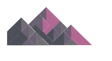 Geometric mountain range with overlapping triangular sections in shades of gray and pink.