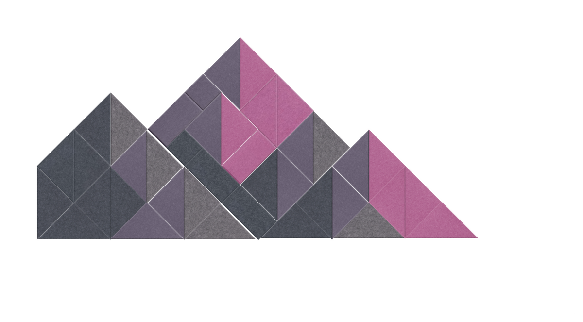Geometric mountain range with overlapping triangular sections in shades of gray and pink.