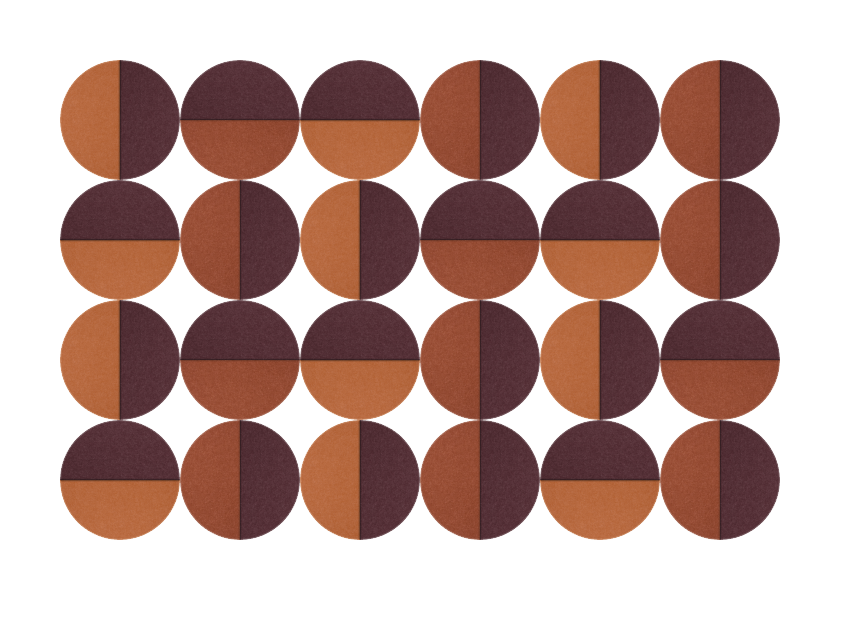Grid of 24 circles in tan and dark burgundy halves arranged in alternating color-block pattern.