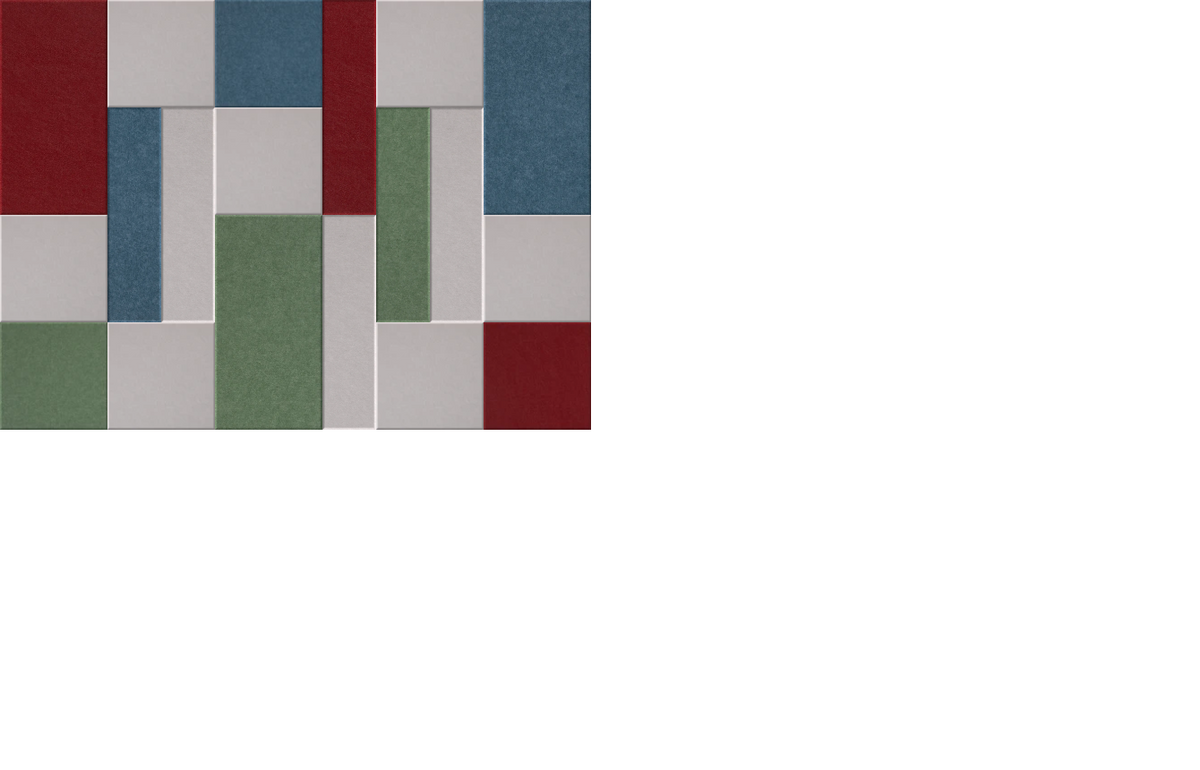 Abstract geometric pattern with burgundy, teal, green, and gray rectangular blocks arranged in an irregular layout.