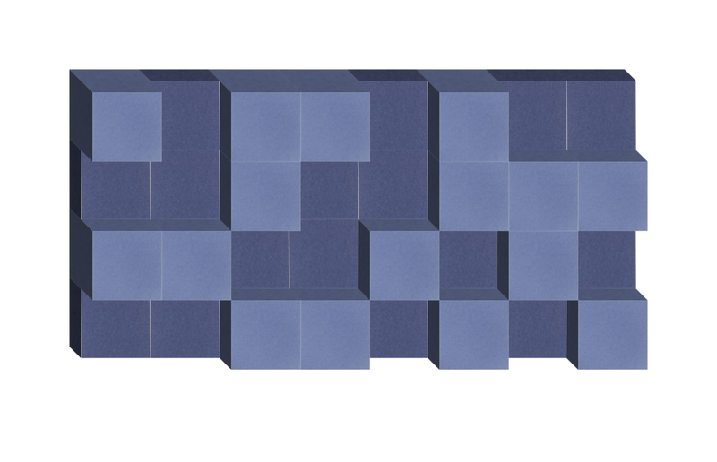 Three-dimensional abstract composition with stacked blue and navy geometric blocks in varying shades.