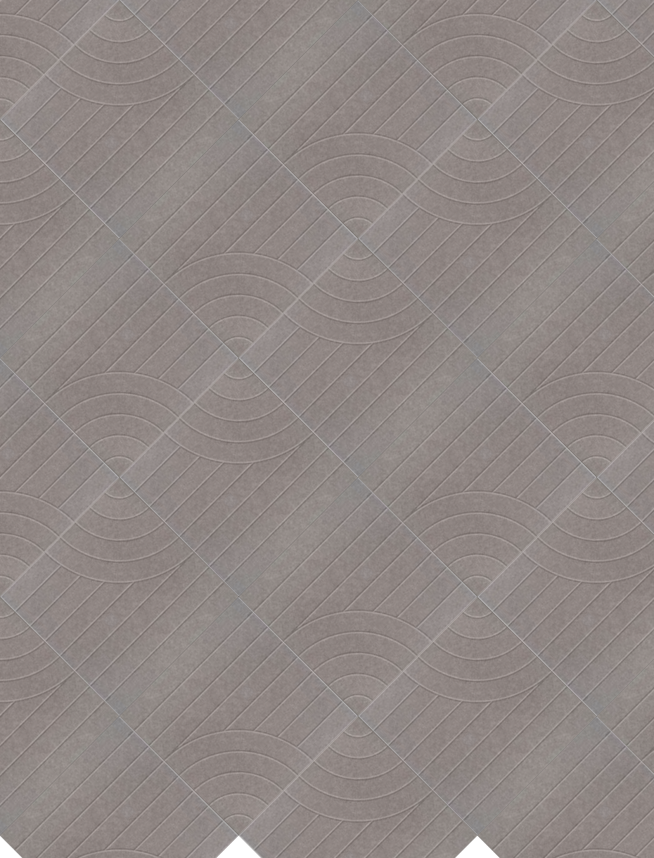Gray tile with diagonal linear pattern and repeating curved wave design embossed across surface.