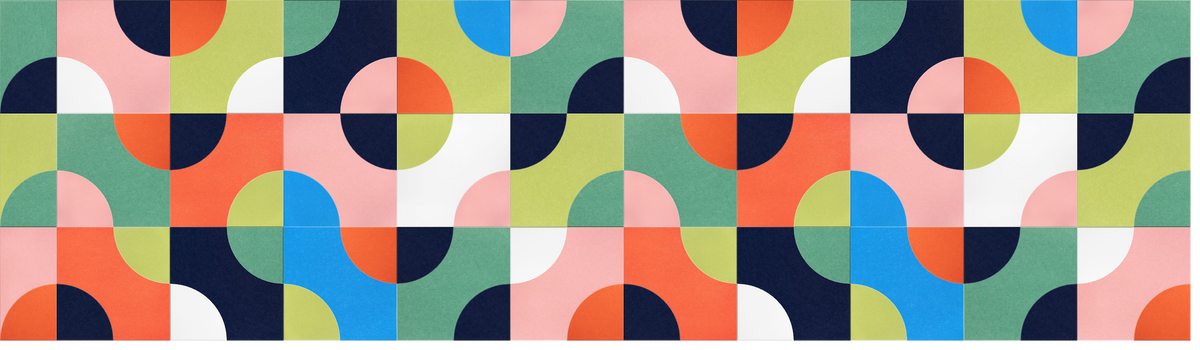Colorful geometric wall design with repeating pattern of quarter-circle shapes in navy, coral, yellow, teal, white, and pink.