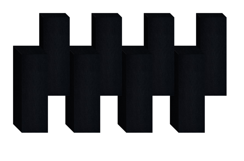 Black 3D geometric shape with four rectangular pillars and evenly spaced rectangular cutouts.