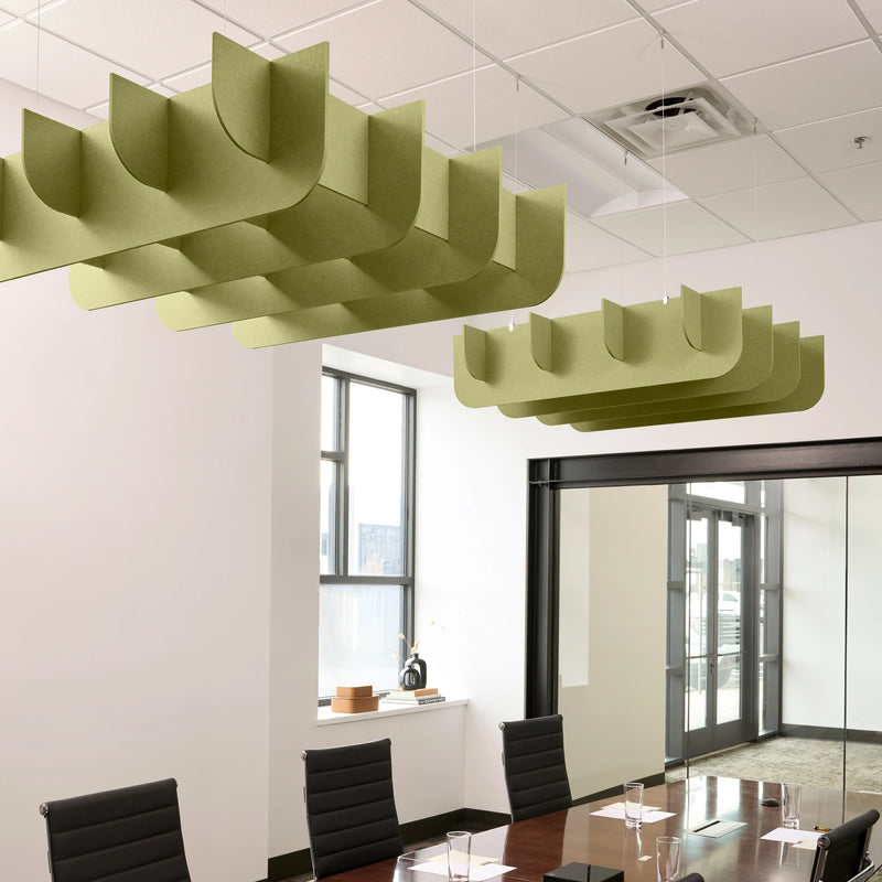 Fin 3D Cloud acoustic ceiling baffles in Aloe felt above a conference table