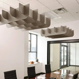 Fin 3D Cloud acoustic ceiling baffles in Ash felt above a conference table