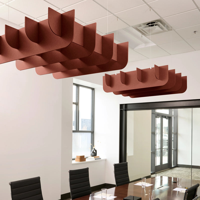 Fin 3D Cloud acoustic ceiling baffles in Moab felt above a conference table