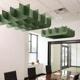 Fin 3D Cloud acoustic ceiling baffles in Palm felt above a conference table
