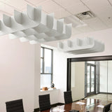 Fin 3D Cloud acoustic ceiling baffles in Zinc felt above a conference table