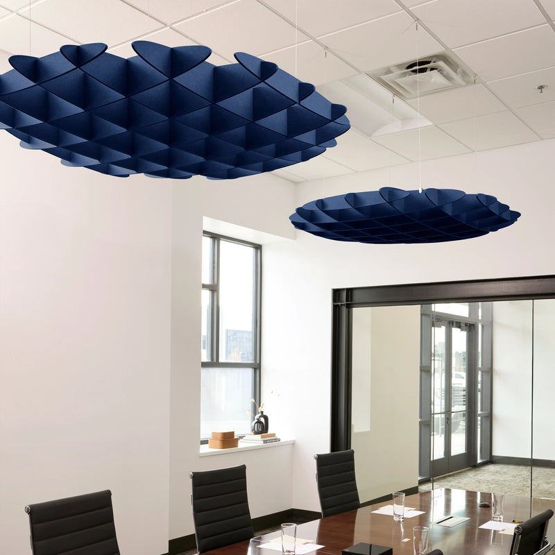 Foil 3D Cloud acoustic ceiling baffles in Admiral felt above a conference table