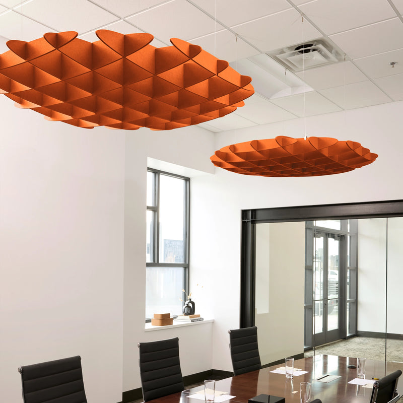Foil 3D Cloud acoustic ceiling baffles in Aries felt above a conference table