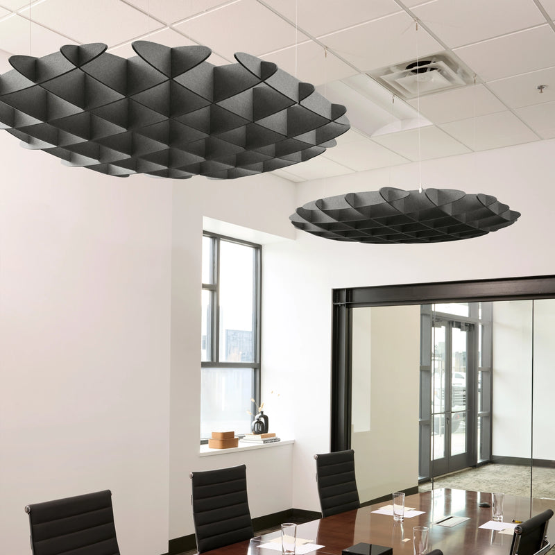 Foil 3D Cloud acoustic ceiling baffles in Armor felt above a conference table