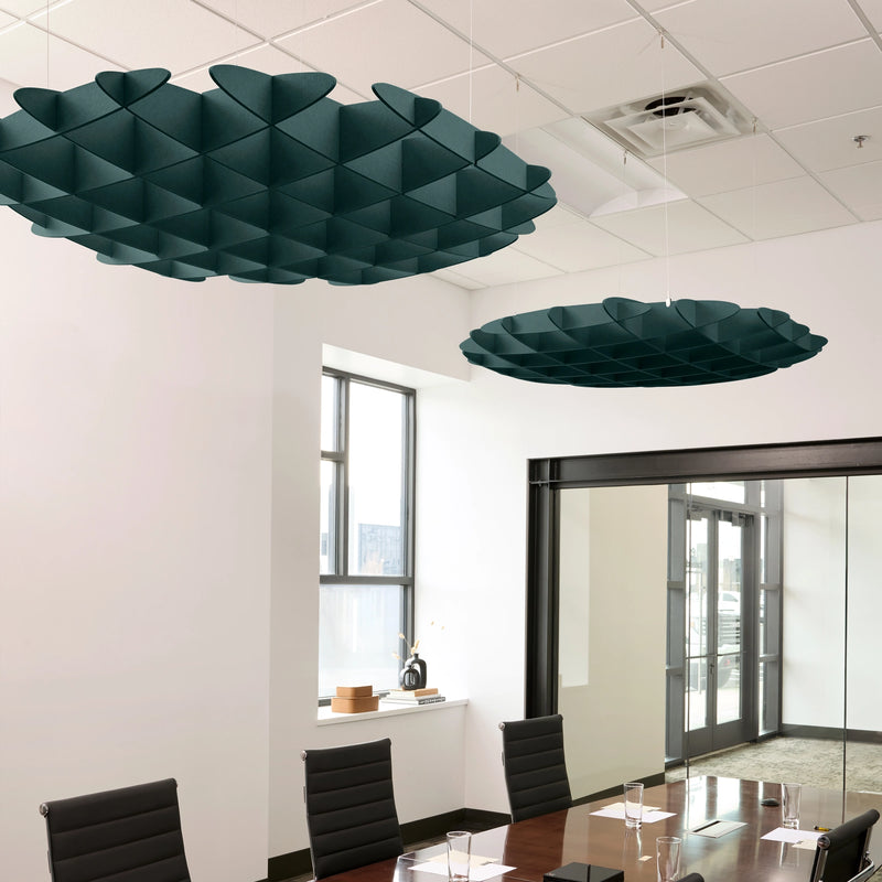 Foil 3D Cloud acoustic ceiling baffles in Atlantic felt above a conference table