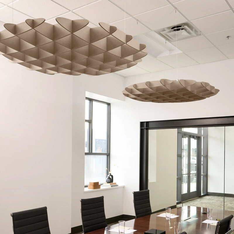 Foil 3D Cloud acoustic ceiling baffles in Cashmere felt above a conference table